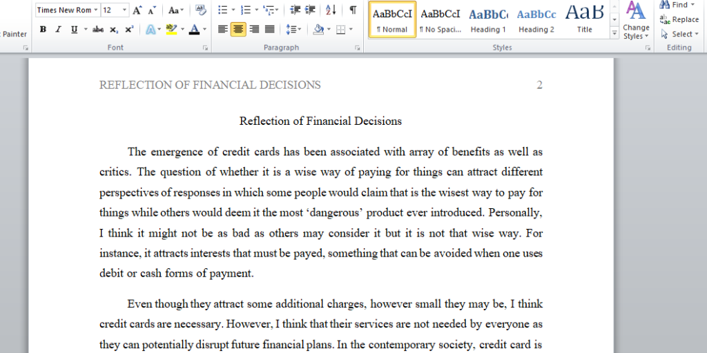 reflection essay about financial management