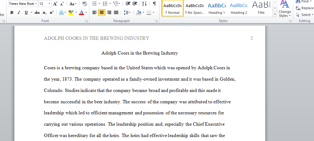 Analyse the Adolph Coors in the Brewing Industry